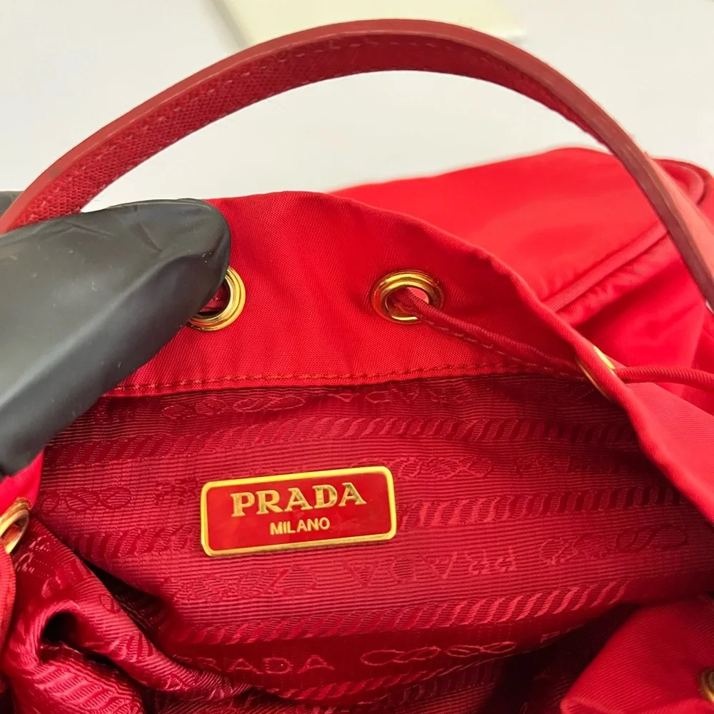 Prada Red Nylon Drawstring Crossbody Bucket Bag with Gold Hardware - Picture 5 of 16